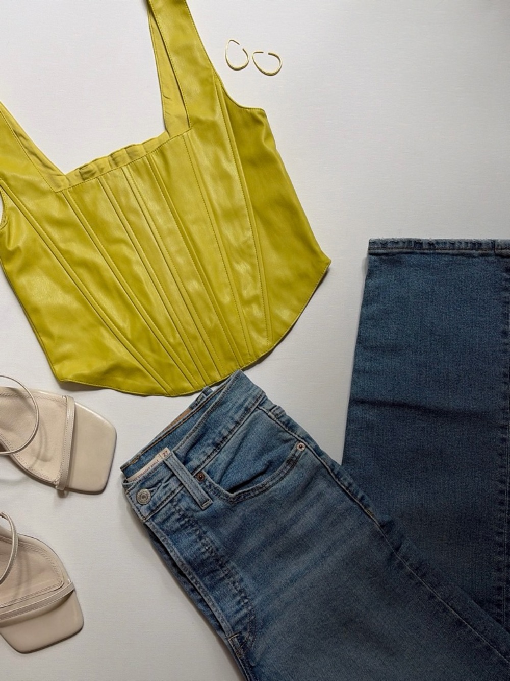7 for All Mankind, NWT, vegan leather corset top in yellow.
